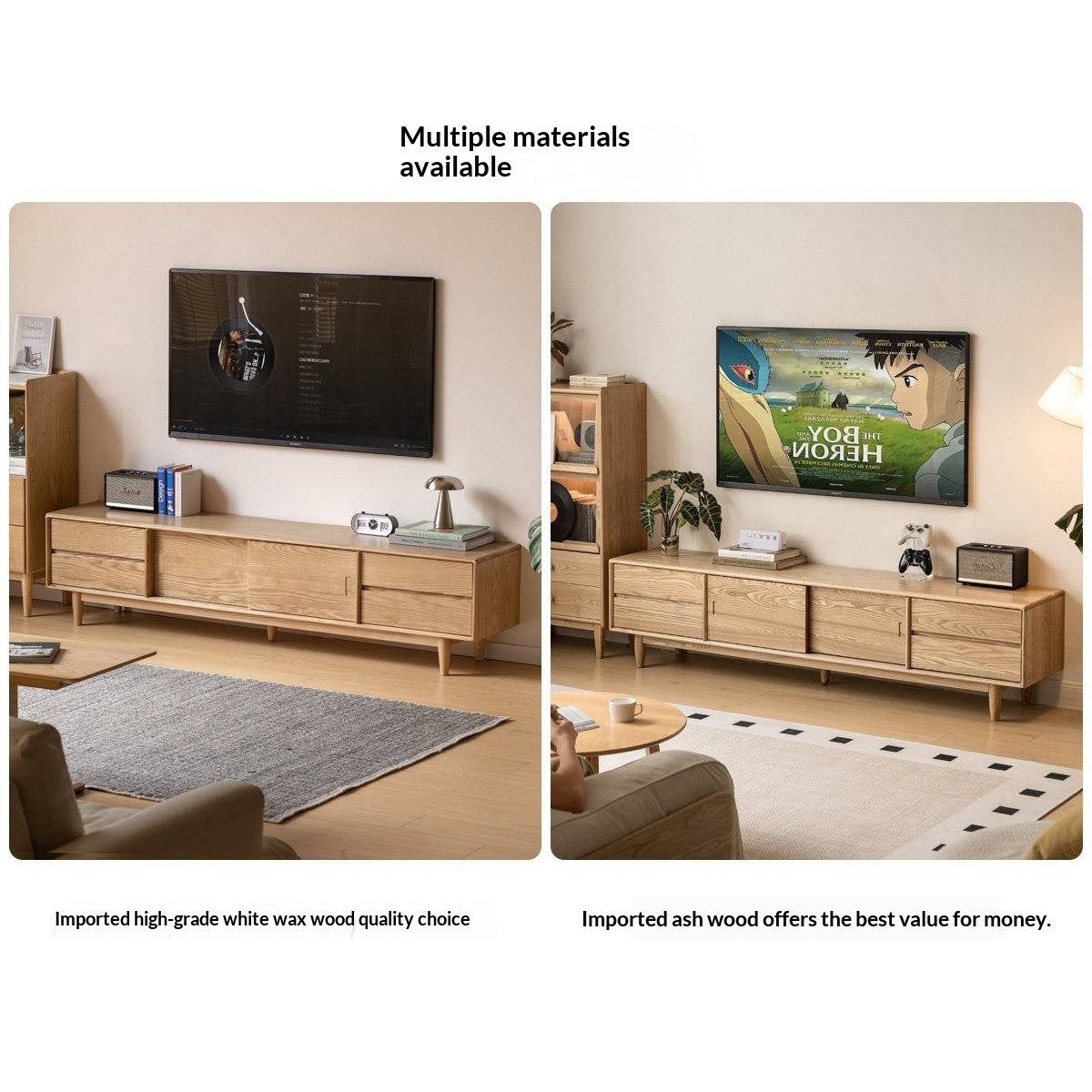 White Ash, Ash Solid Wood TV Stand with Sliding Doors and Sleek Finish