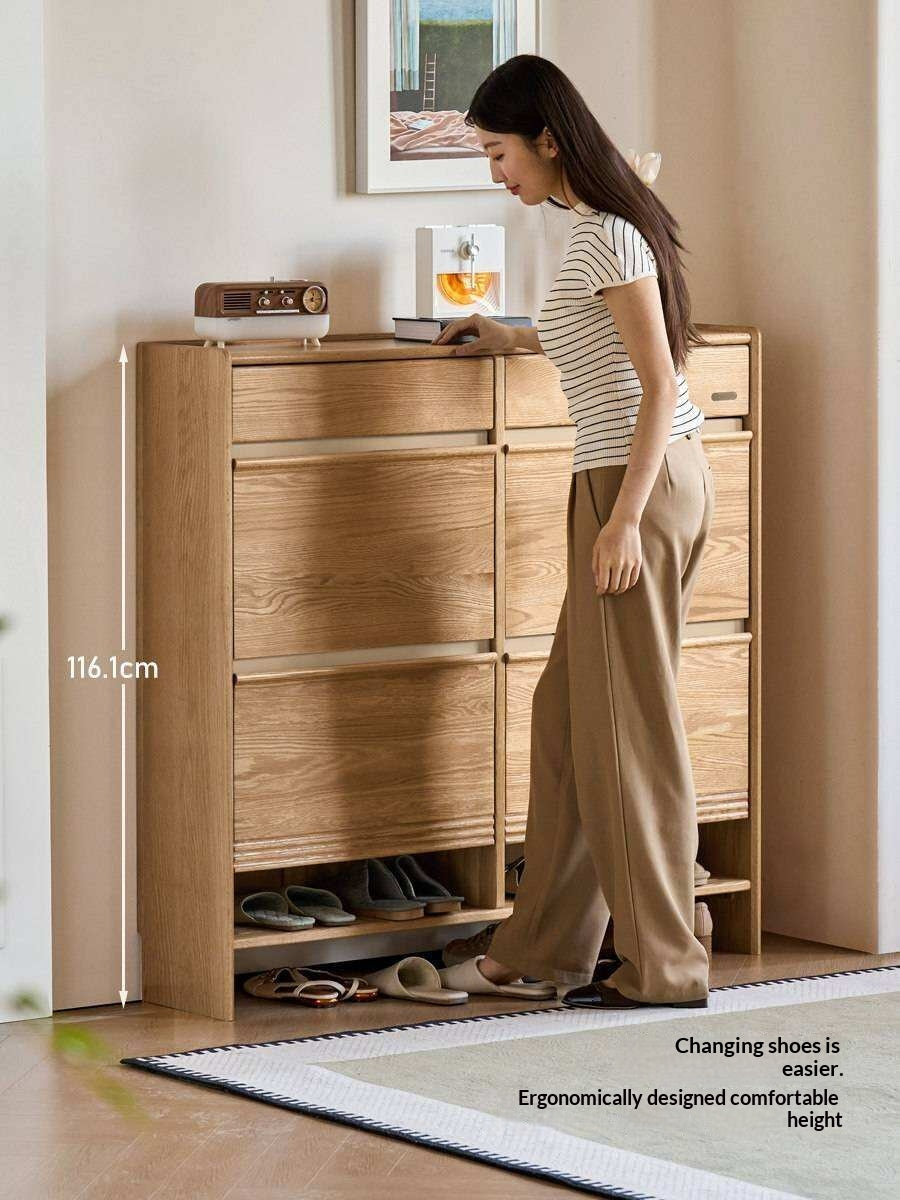 Oak Solid Wood Slim Entryway Shoe Cabinet with Tilt-Out Compartments and Drawers