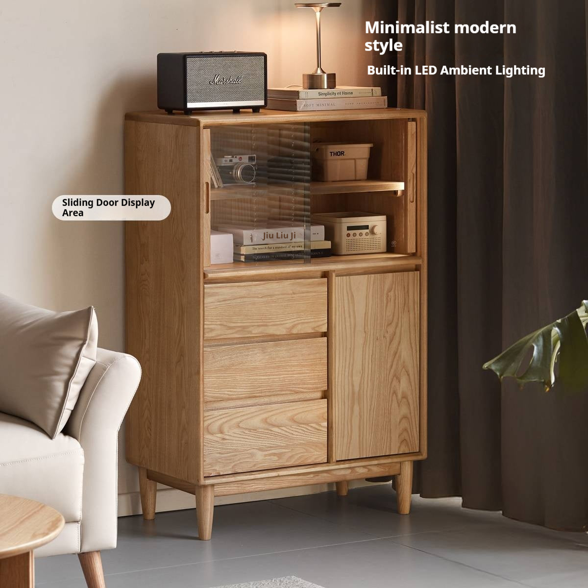 Ash Solid Wood Modern Minimalist Side Cabinet with Light.