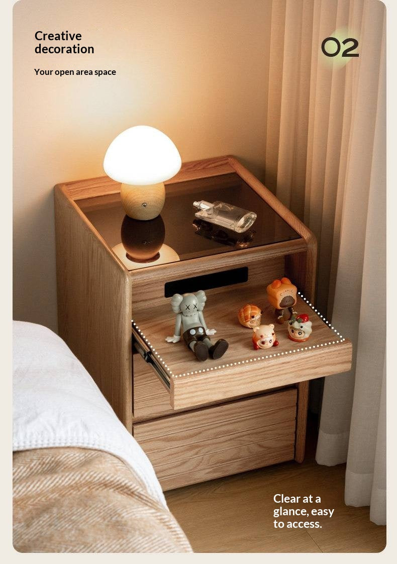 Ash Solid Wood Nightstand With Glass Top