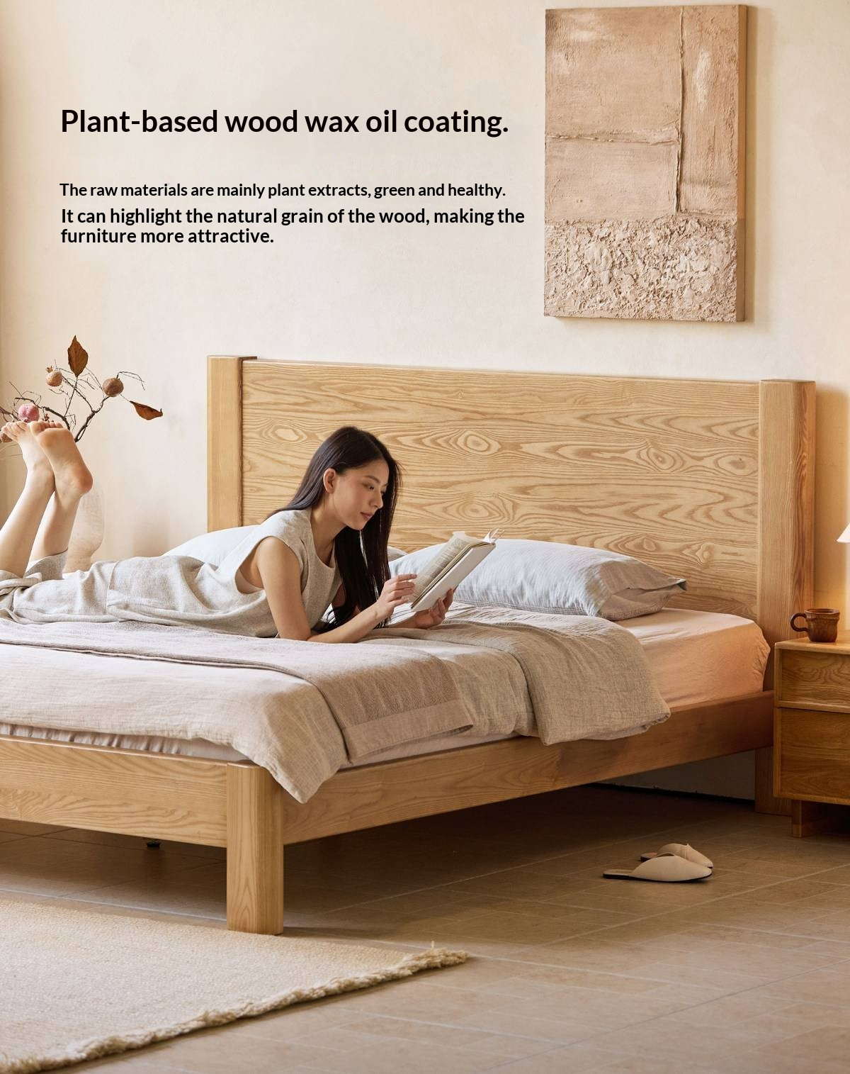 White Ash Solid Wood Platform Bed with Tall Flat Panel Headboard