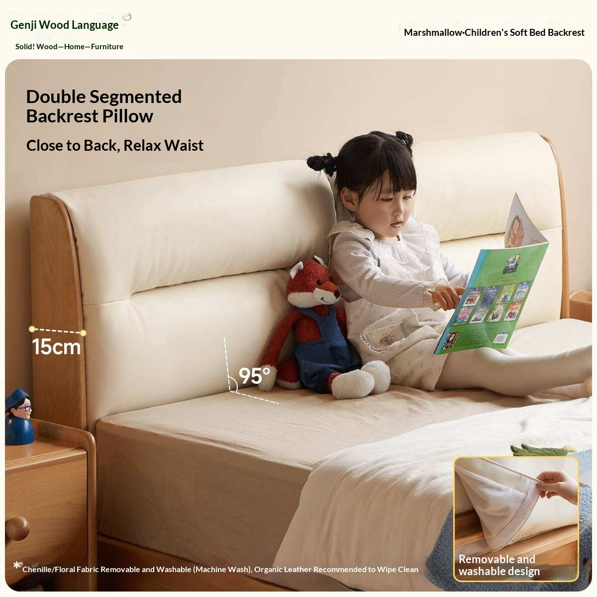 Beech Solid Wood Adjustable Height Kids Bed with Upholstered Segmented Headboard