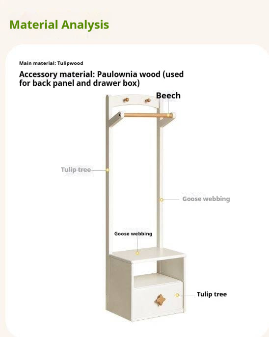 Beech, Tulipwood Solid Wood Kids Nightstand With Clothes Hanger-