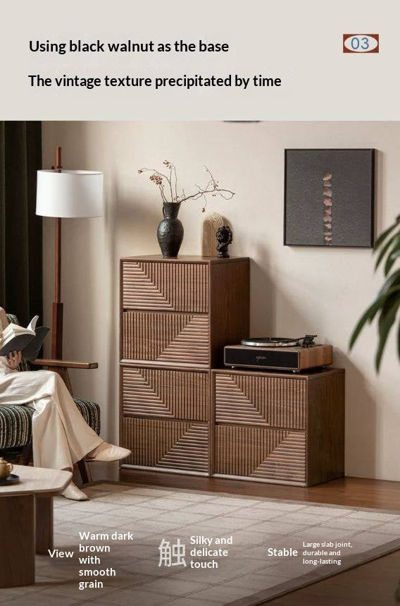 Black Walnut, Sandalwood Solid Wood Modular Storage Cabinet, Mid Century Dresser with Geometric Front Design