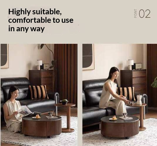 Oak Solid Wood Coffee Table with Layered Round Design and Rock Top