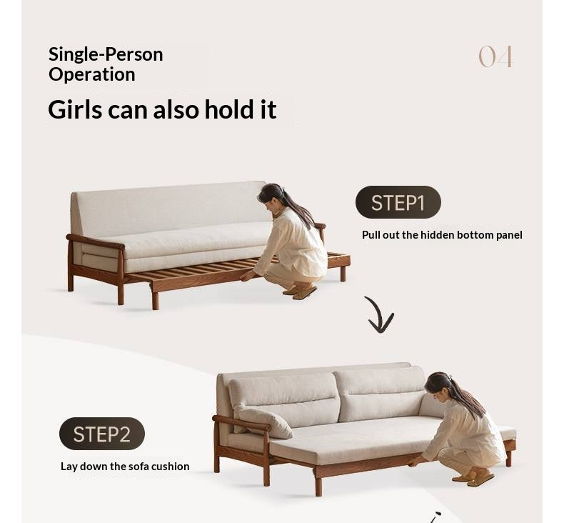 Oak Solid Wood Wood Frame Sleeper Sofa with Reclining Backrest