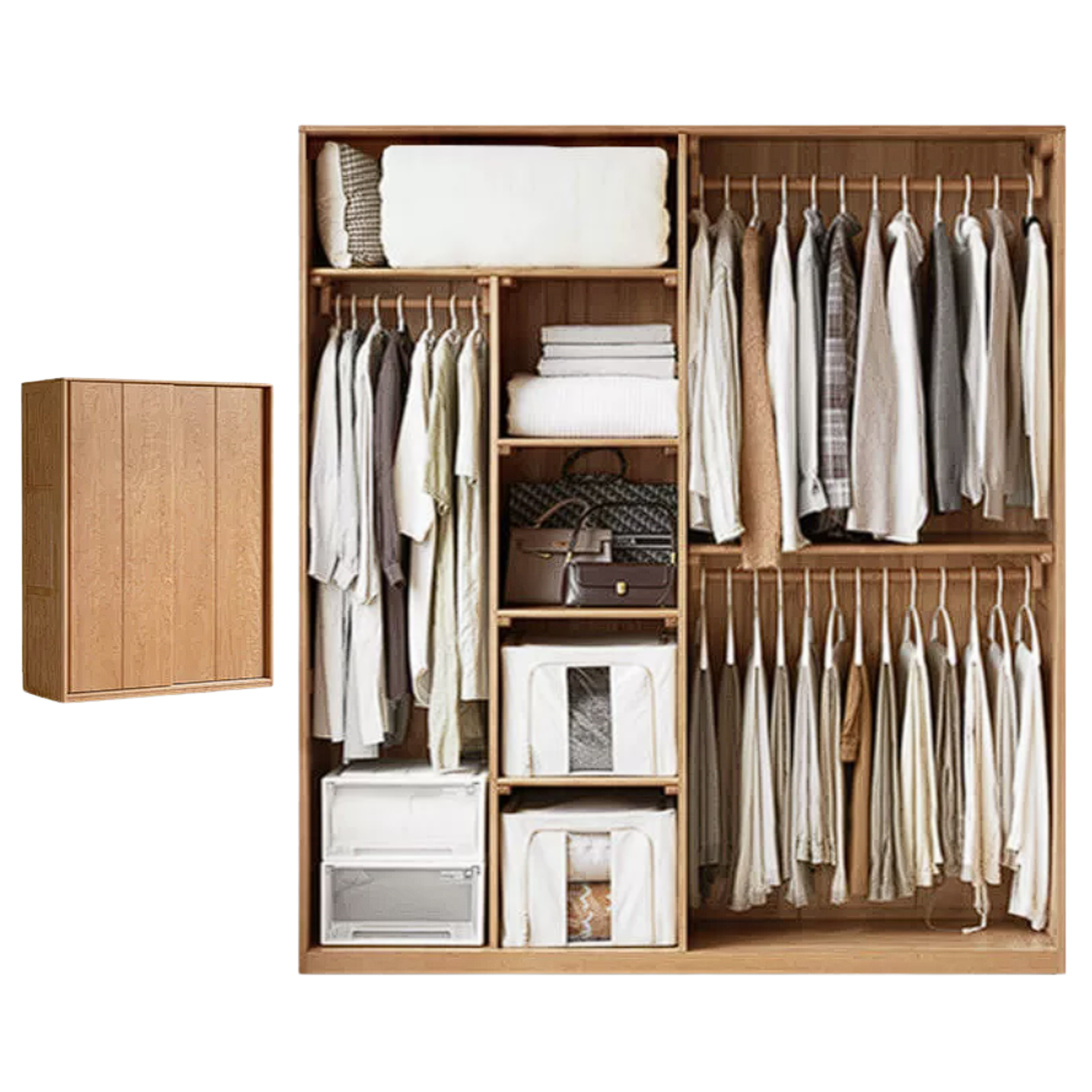 Cherry Wood Sliding Door Wardrobe Armoire with Hanging Rod and Shelves