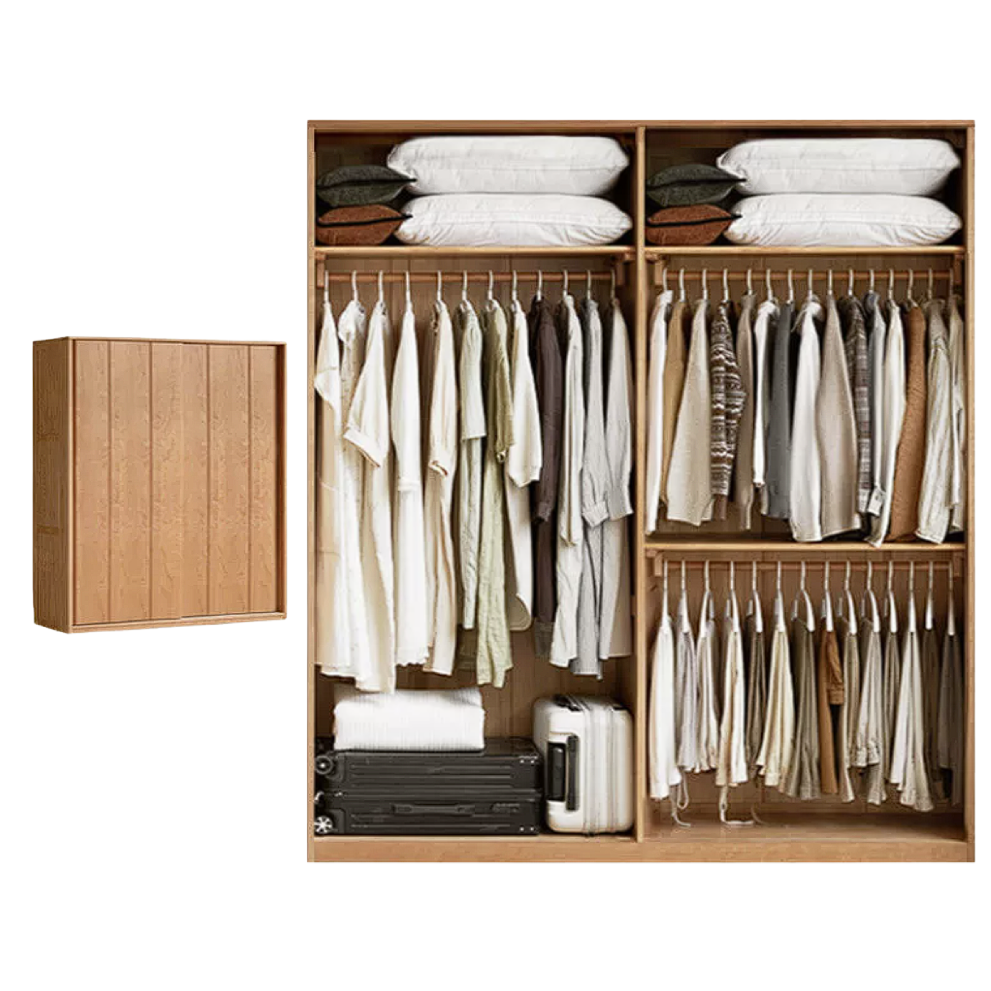 Cherry Wood Sliding Door Wardrobe Armoire with Hanging Rod and Shelves