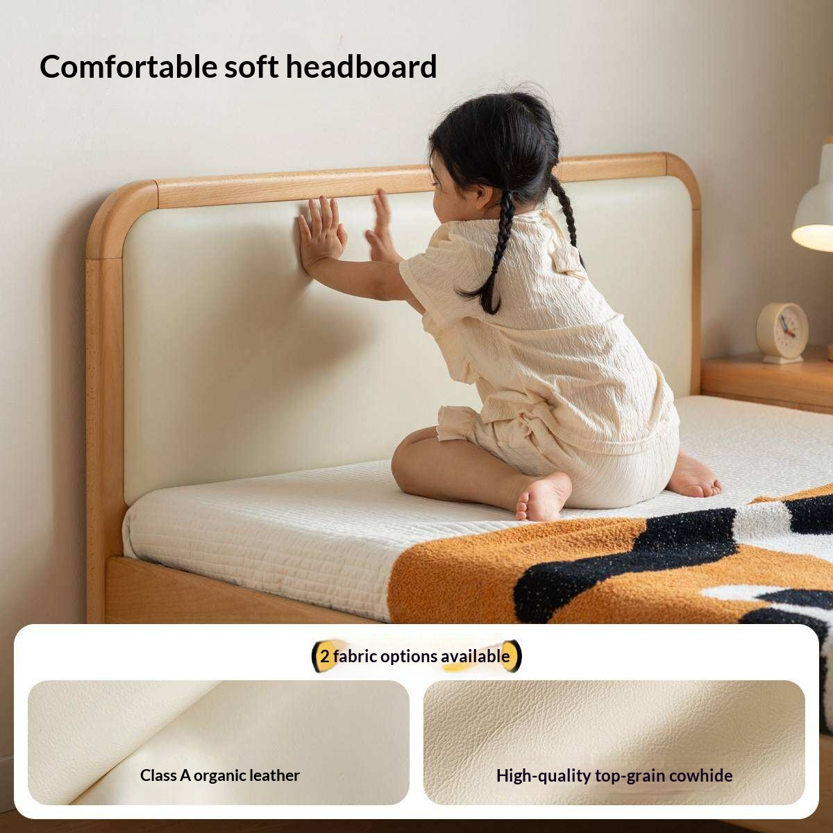Beech Solid Wood Kids Bed with Adjustable Height and Rounded Corner Headboard