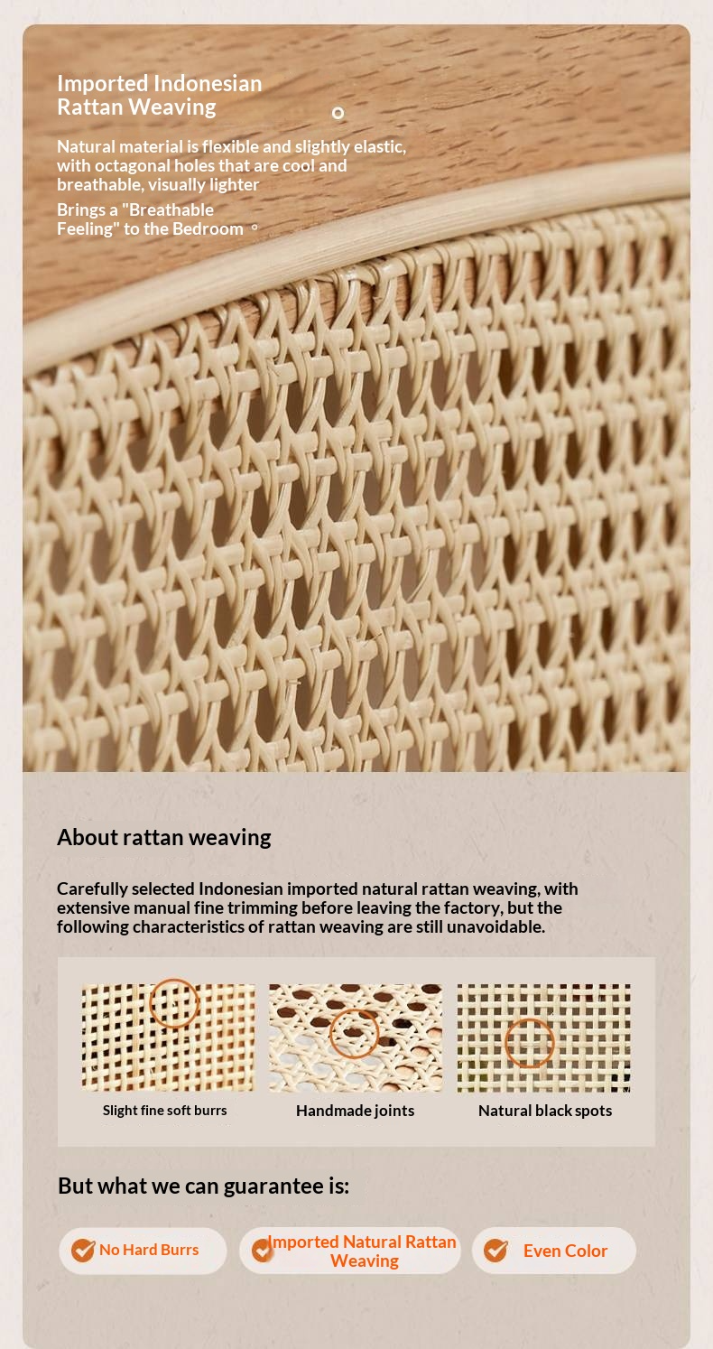 Oak Solid Wood Bed — Light Retro Style with Rattan Design