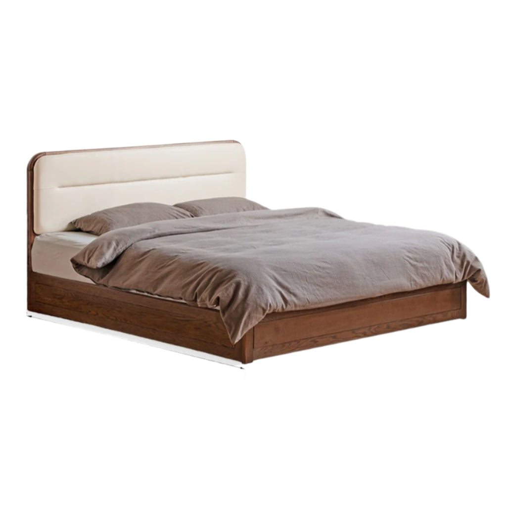 Oak Solid Wood Modern Genuine Leather, Organic Leather Storage Bed