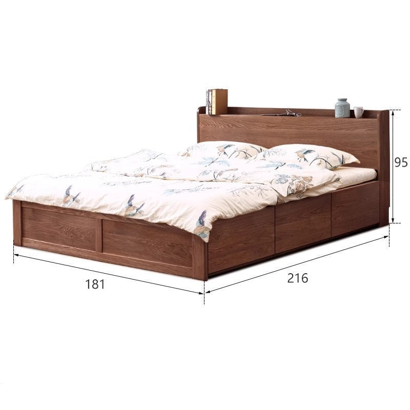 Oak Solid Wood Drawer Storage Bed with Sockets Box Bed"