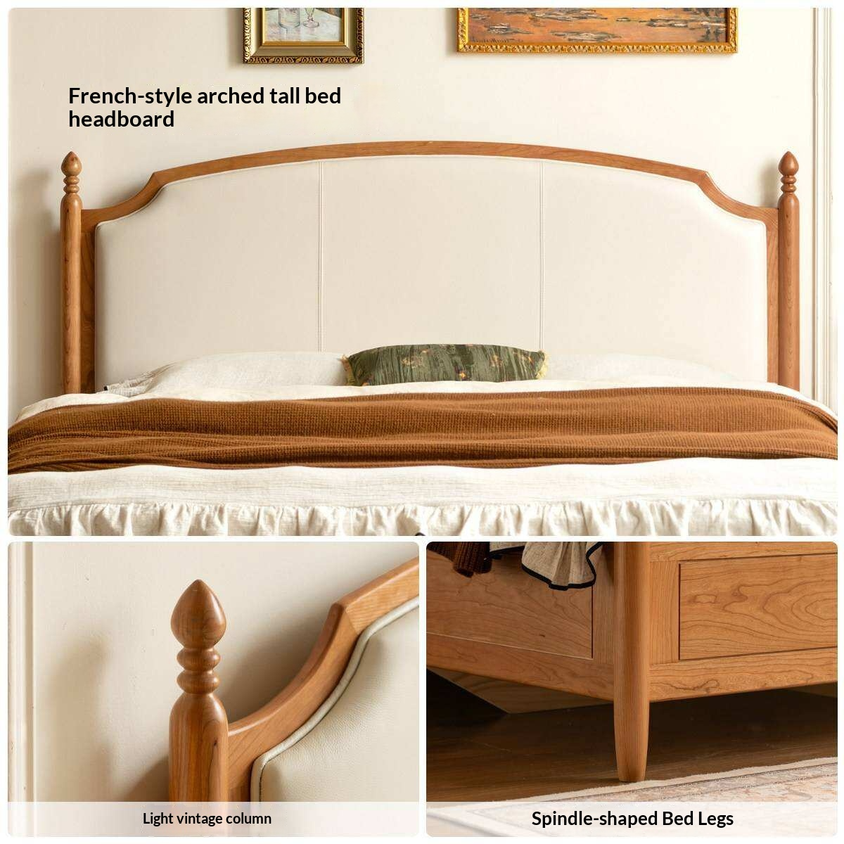 Cherry Solid Wood Box Bed with French Country Arched Upholstered Headboard and Spindle Posts
