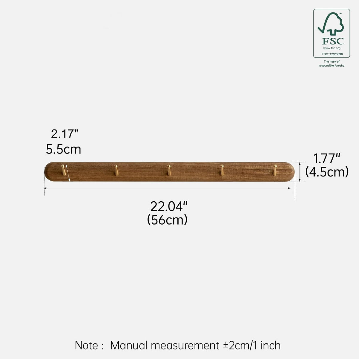 Beech Solid Wood Wall Mounted Coat Rack with 5 Hooks