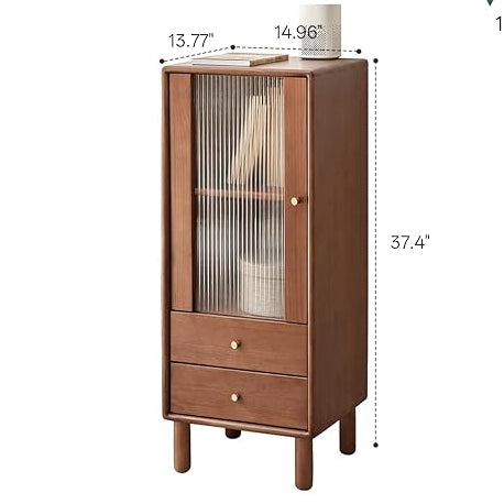Oak Solid Wood, Pine Wood Display Cabinet with Fluted Glass Door and Tapered Legs