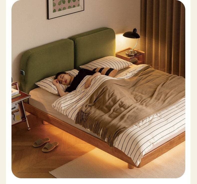 Cherry Solid Wood Upholstered Bed — Platform Bed, Headboard-Free Bed Floor Style, Simple Floating Bed