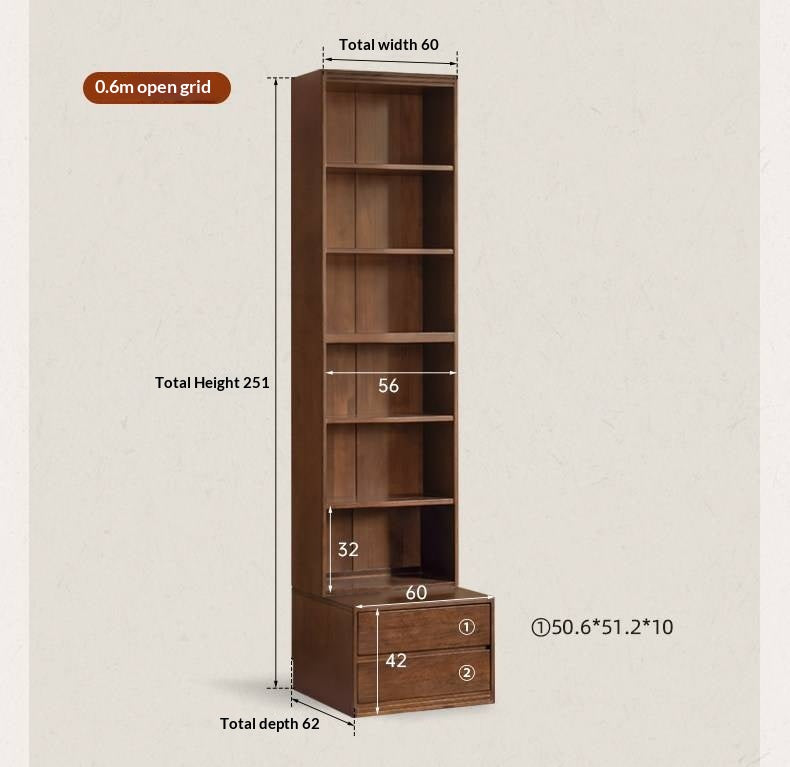 Solid Longan Hardwood, Ash Solid Wood Bookcase with Floor-to-Deck and Wall-Mounted Display Cabinet