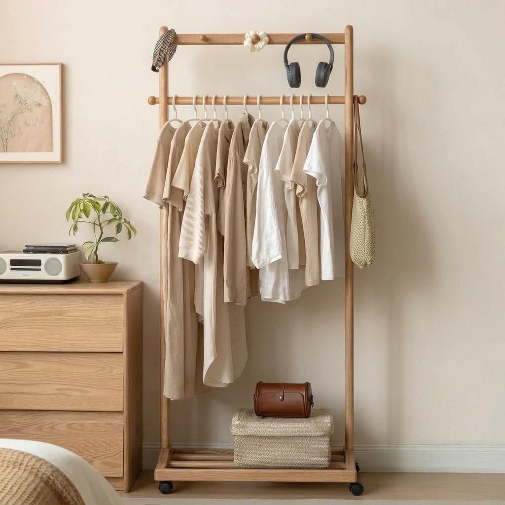 Oak, Rubberwood hanger for small bedroom floor standing storage rack