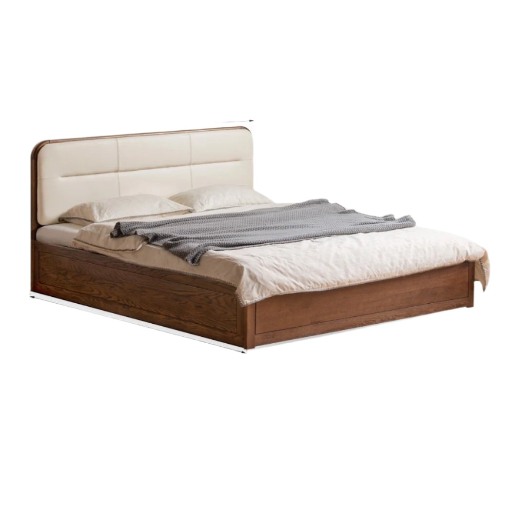 Oak Solid Wood Modern Genuine Leather, Organic Leather Storage Bed