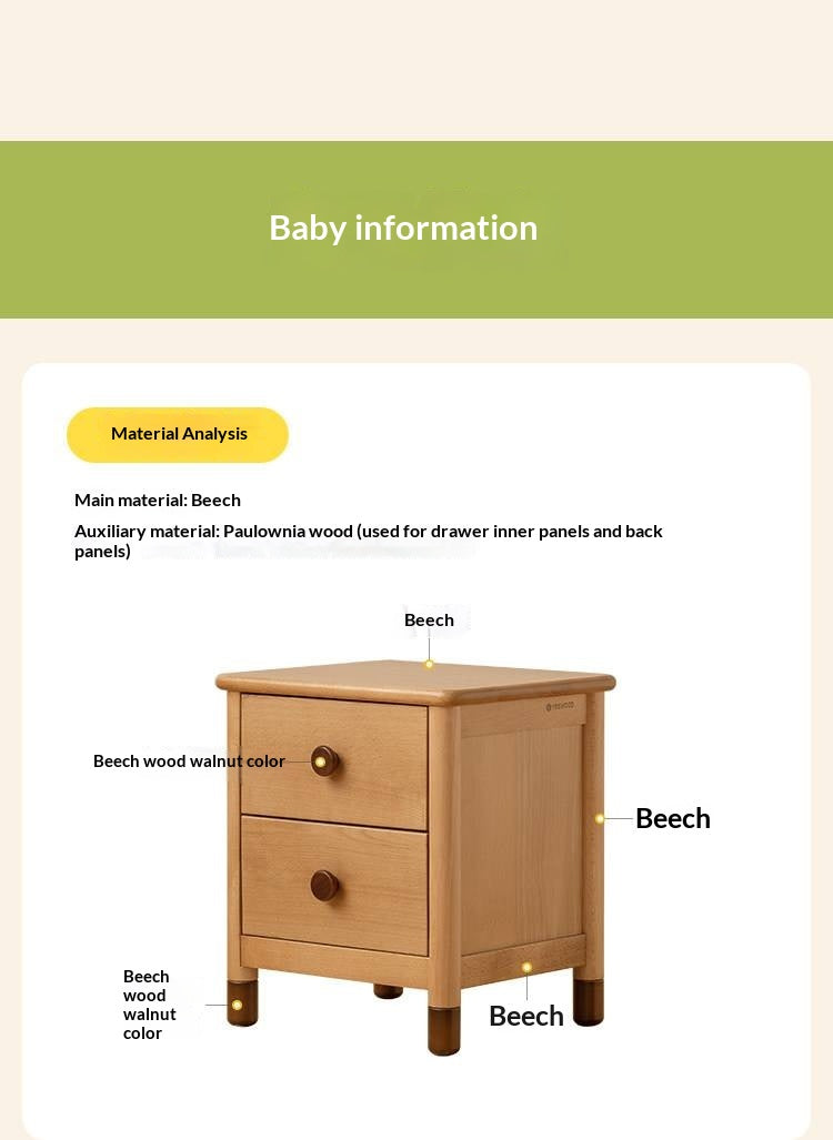 Oak, Beech Solid Wood Two-Drawer Nightstand