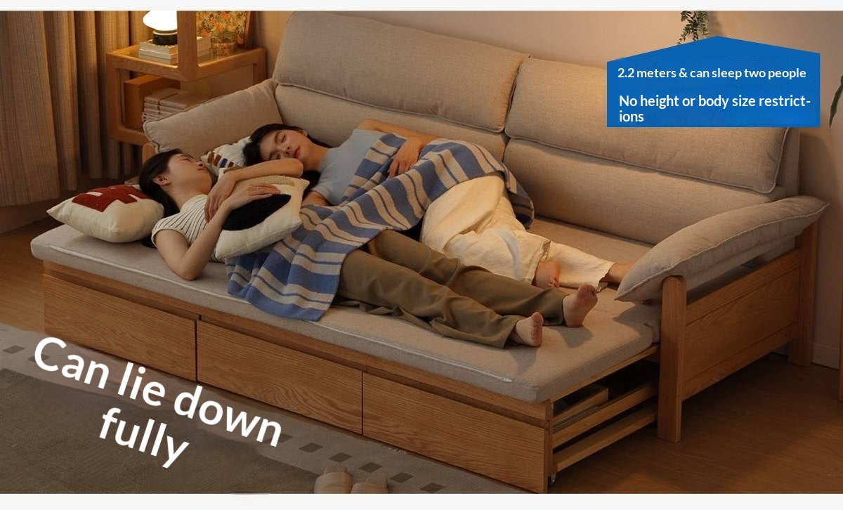 Oak Solid Wood Sofa Bed with Under-Seat Storage Drawers