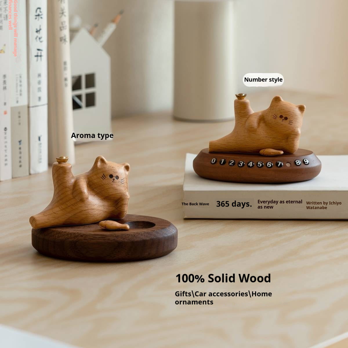 Beech, Black Walnut Solid Wood Lucky Cat Car Diffuser Ornament with Number Plate Design