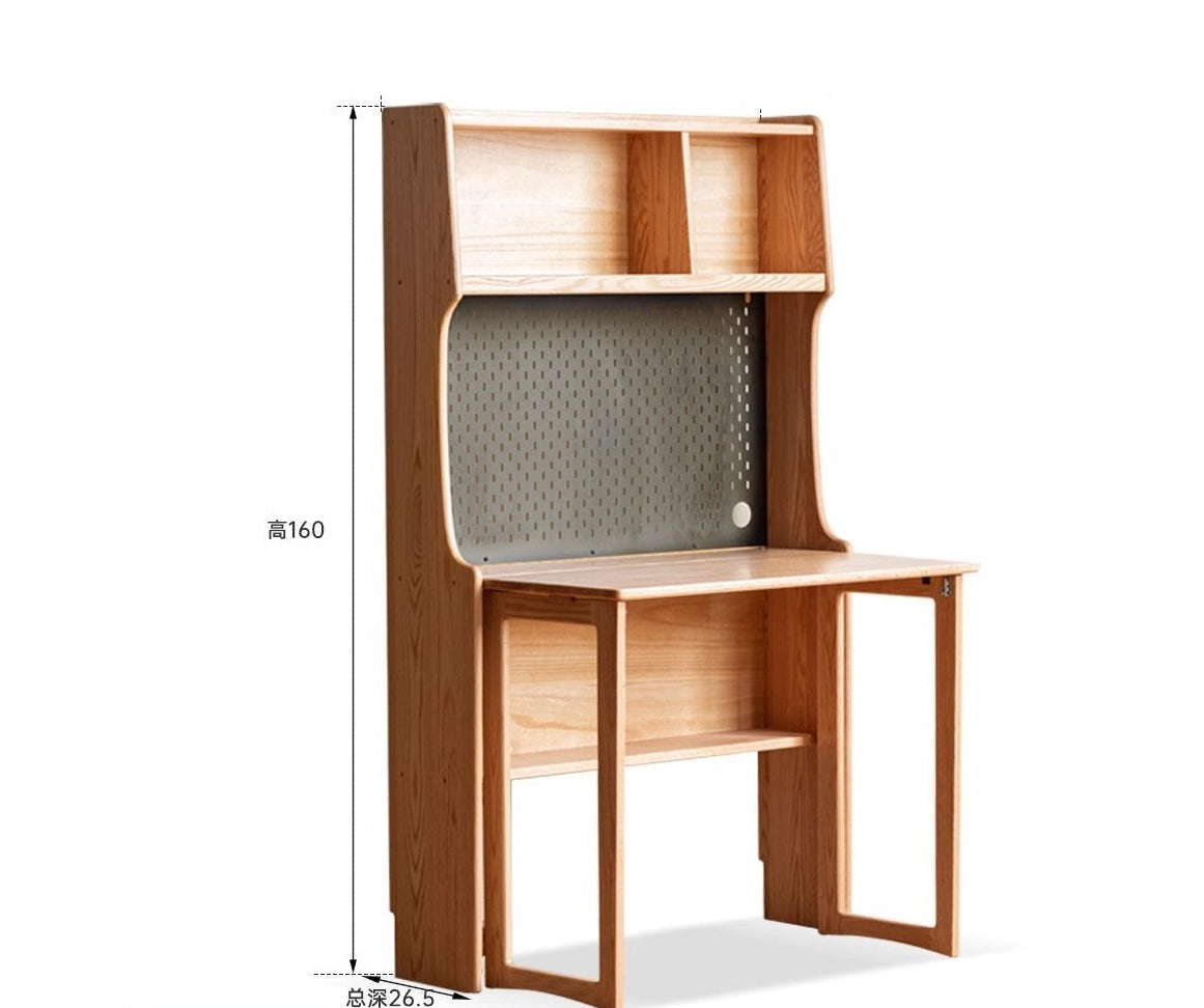 Oak Solid Wood Foldable Desk Bookcase Integrated