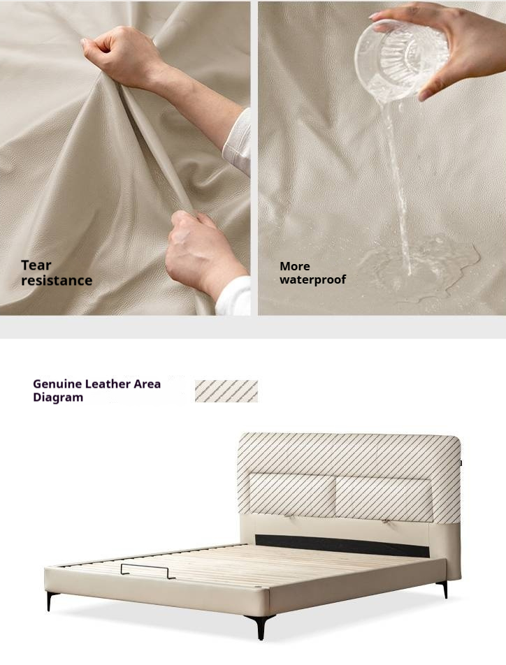 Genuine Leather Italian Light Luxury Soft Bed, White Cream Style