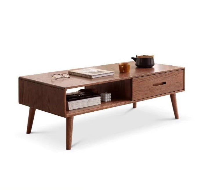 Oak solid wood Two-drawer coffee table walnut color"