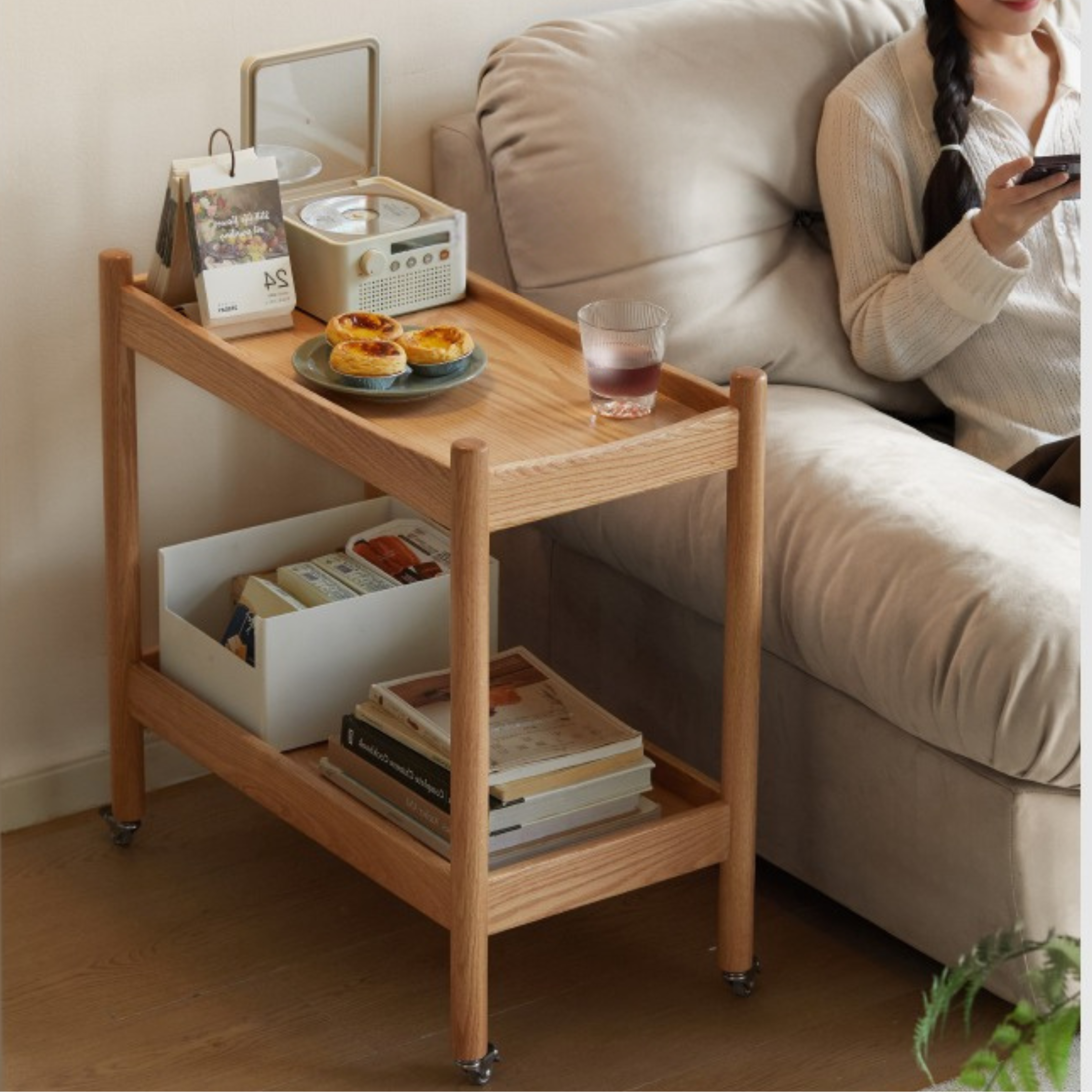 Oak solid wood trolley mobile side table-