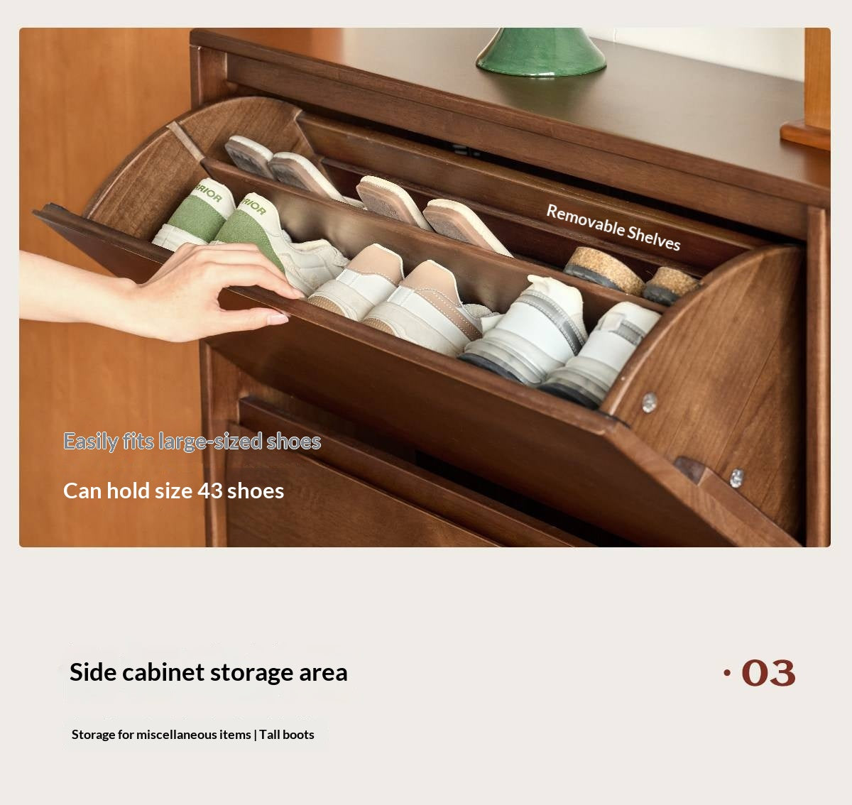 Solid RubberWood Vintage Shoe Cabinet with Flip-Down Drawers and Round Inlay Accents