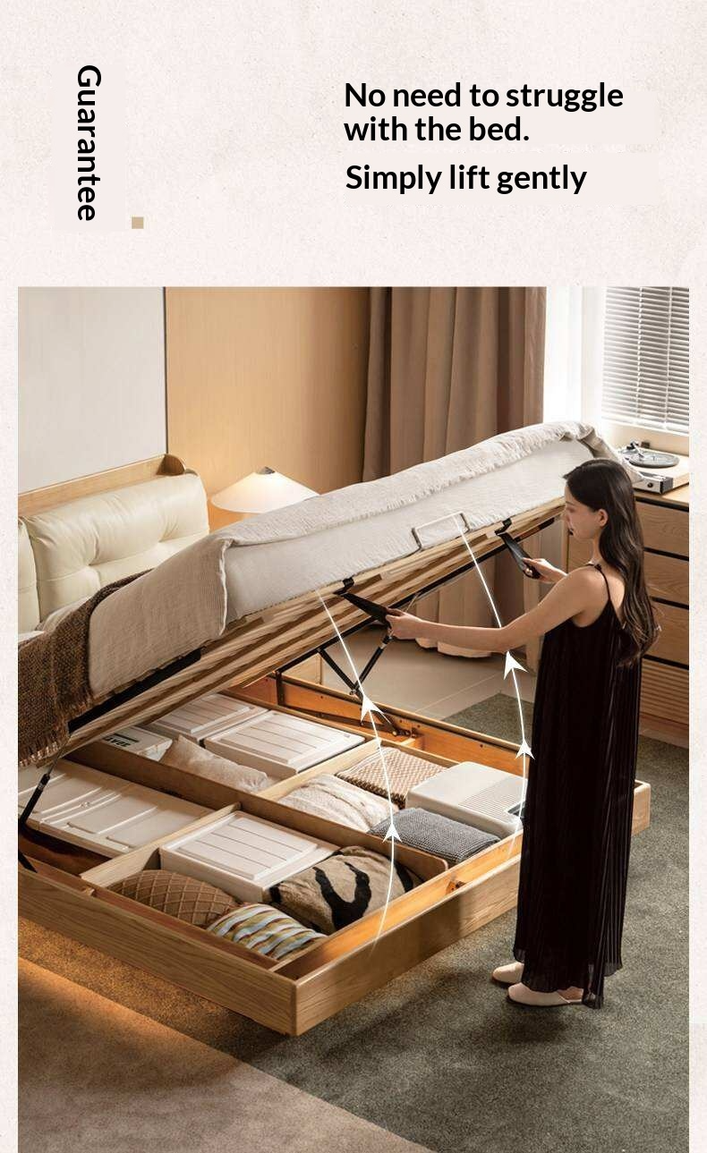Ash Solid Wood Genuine Leather Upholstered Storage Bed with Electric Lift and LED Lighting