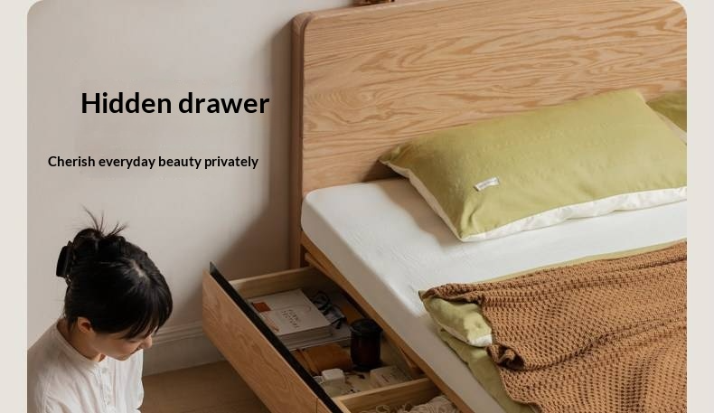 Oak Solid Wood Platform Storage Bed with Hidden Drawers and Bedside Shelf