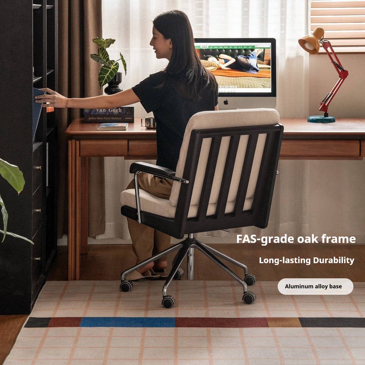 Oak Solid Wood Upholstered Swivel Office Chair with Adjustable Height, 360° Rotation, and Metal Base