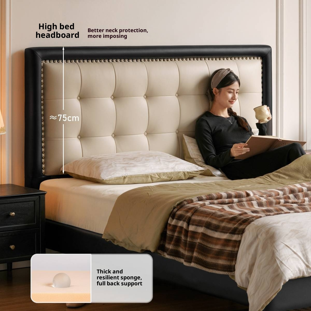 Luxury Genuine Leather Soft Headboard Bed, American Style Riveted Bed