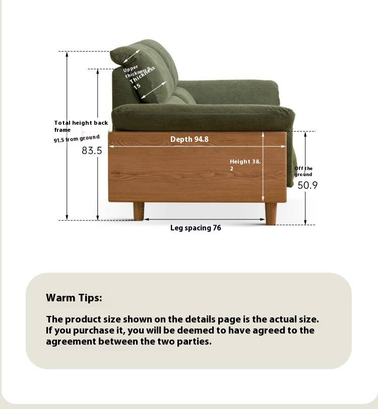 Oak Solid Wood Fabric Sofa, Couch with High Back Cushions, Durable Pet-Friendly Upholstery