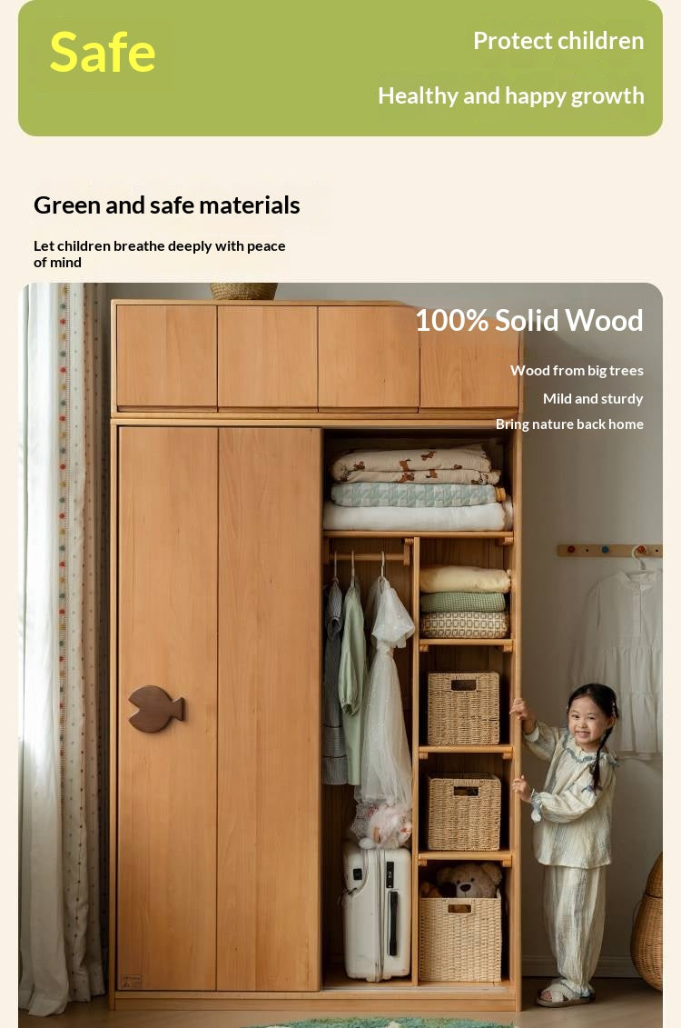 Beech Solid Wood Kids Sliding Door Wardrobe with Adjustable Shelves