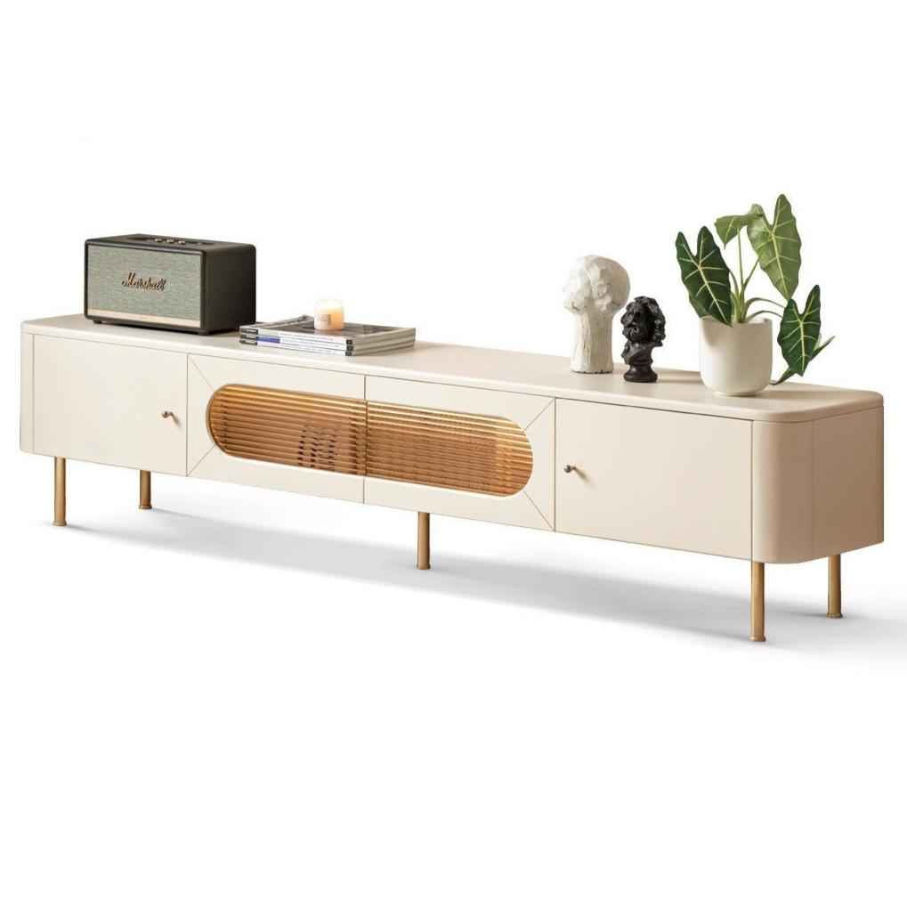 Poplar Solid Wood LED light Cream style TV Cabinet,