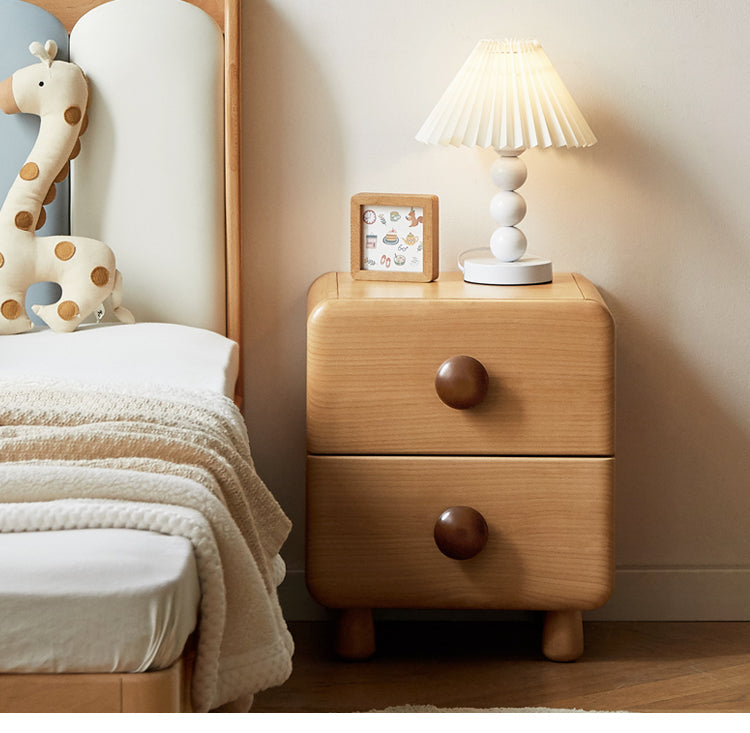 Beech Solid Wood Kids Two-Drawer Nightstand with Round Knob Pulls and Rounded Edges