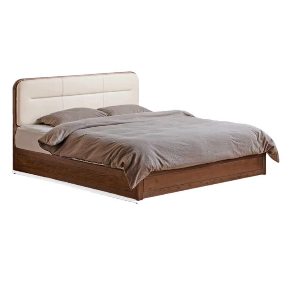Oak Solid Wood Modern Genuine Leather, Organic Leather Storage Bed