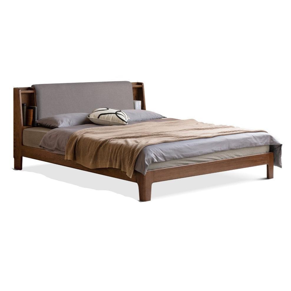 Oak solid wood Fabric leather soft bed with light