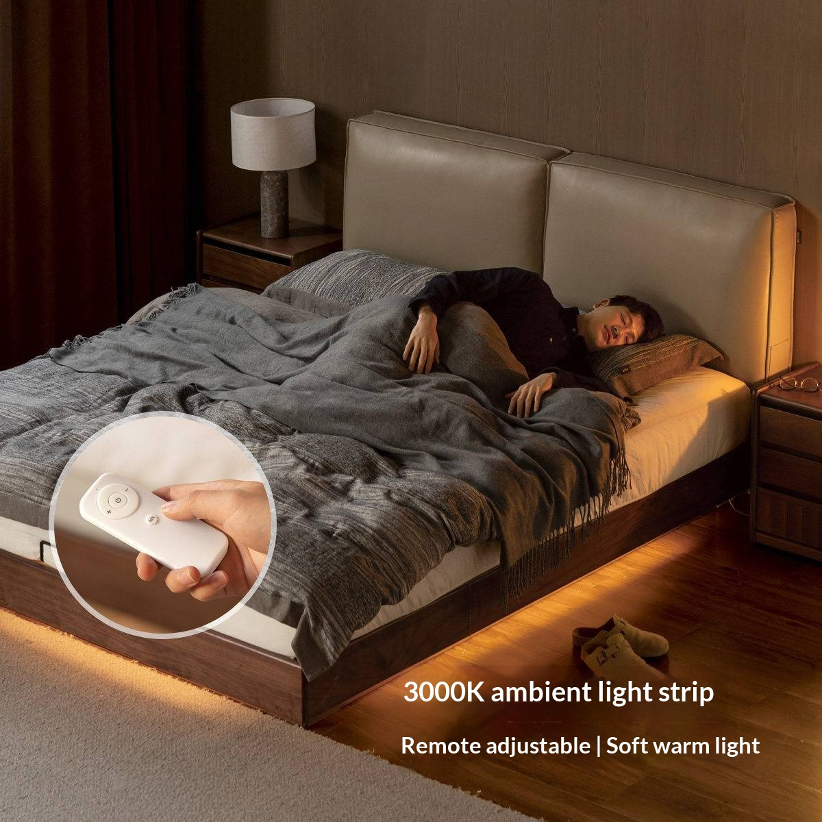 Black Walnut Solid Wood Box Bed — Italian Light Luxury, Genuine Leather Upholstered Headboard