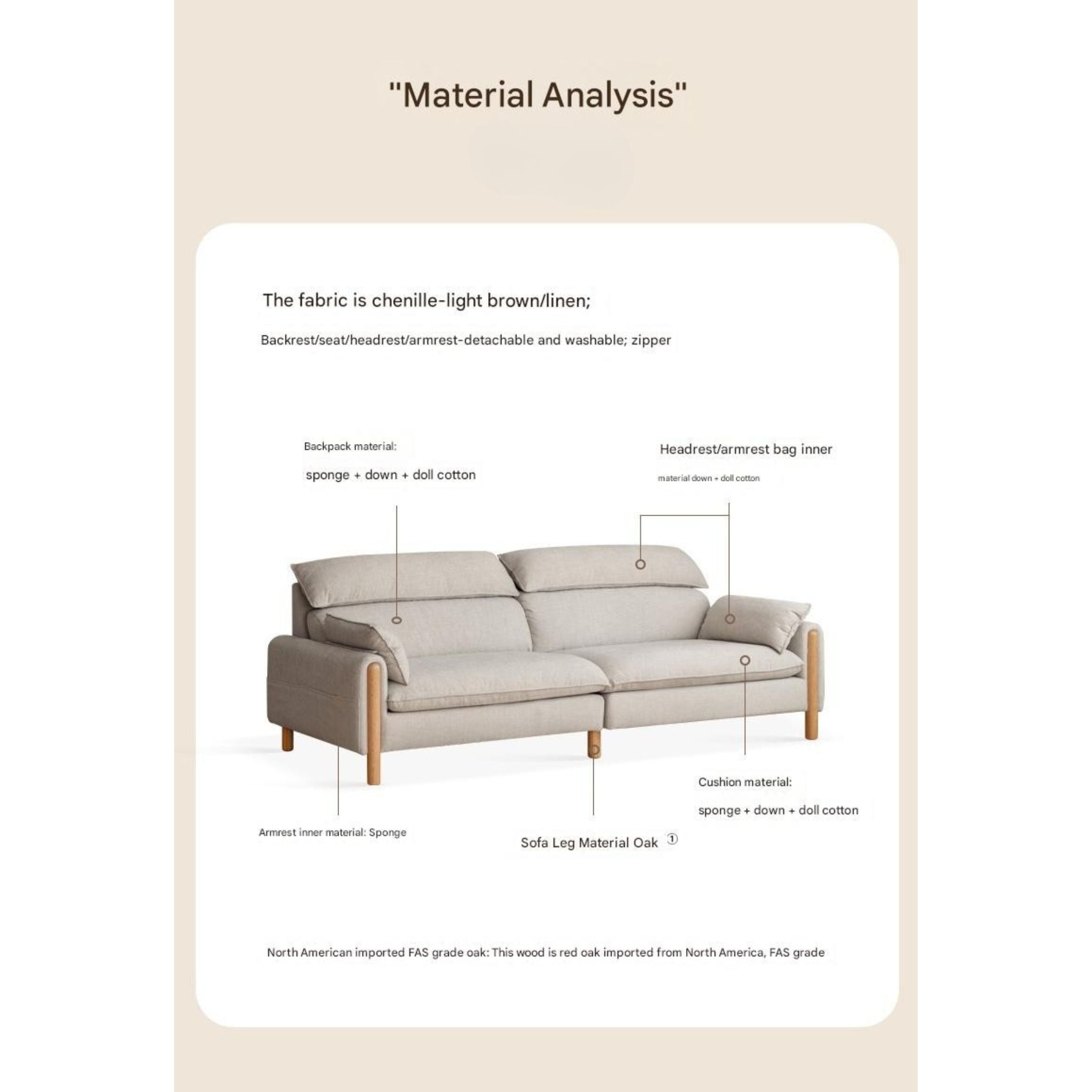 Oak high back chenille sofa washable
