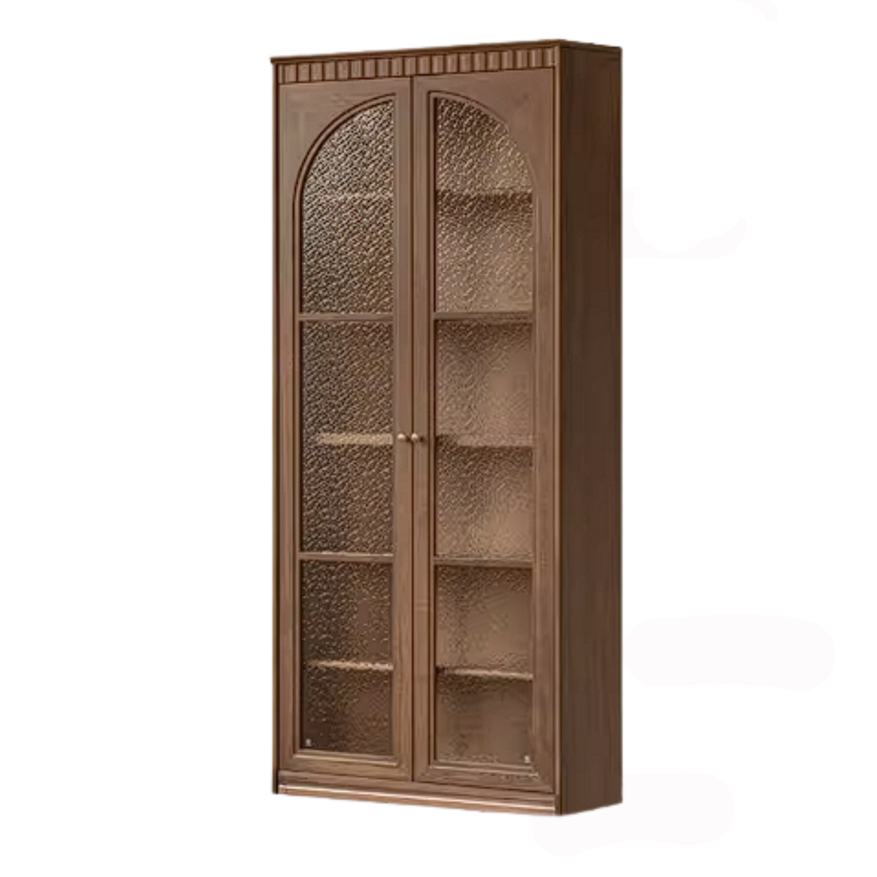 Black Walnut Solid Wood Arched Vintage Bookcase with Glass Door and Storage Drawer