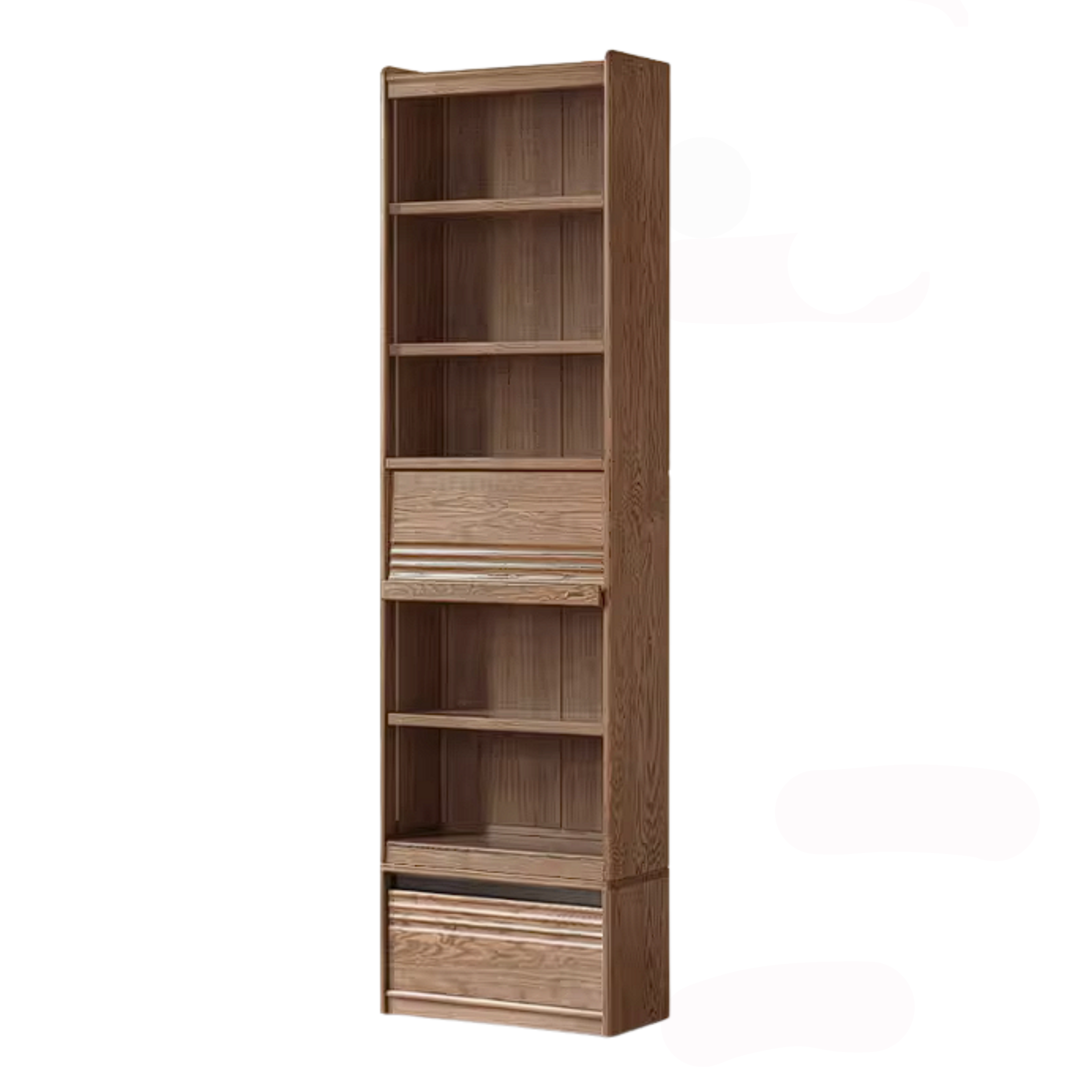 Ash Solid Wood Bookcase with Built In Bench Seat and Storage Drawer, Display Cabinet