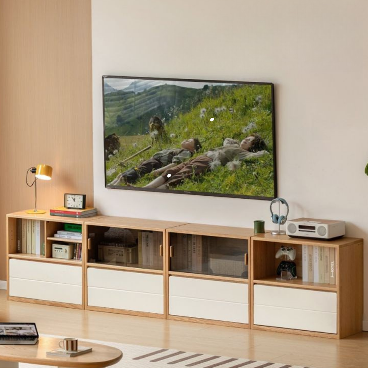 Oak Solid Wood Modular TV Cabinet System with Two-Tone Sliding Doors