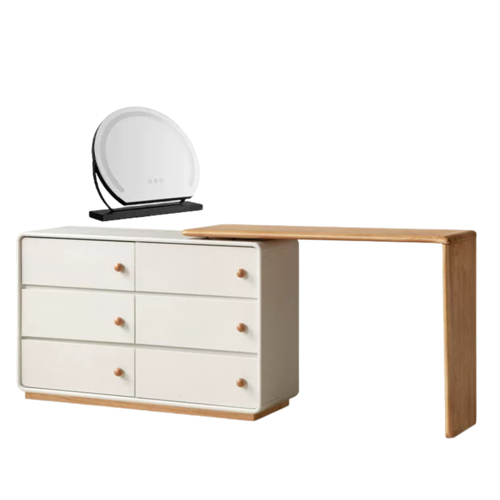 Solid Rubberwood Dresser with Attached Vanity Desk Extension