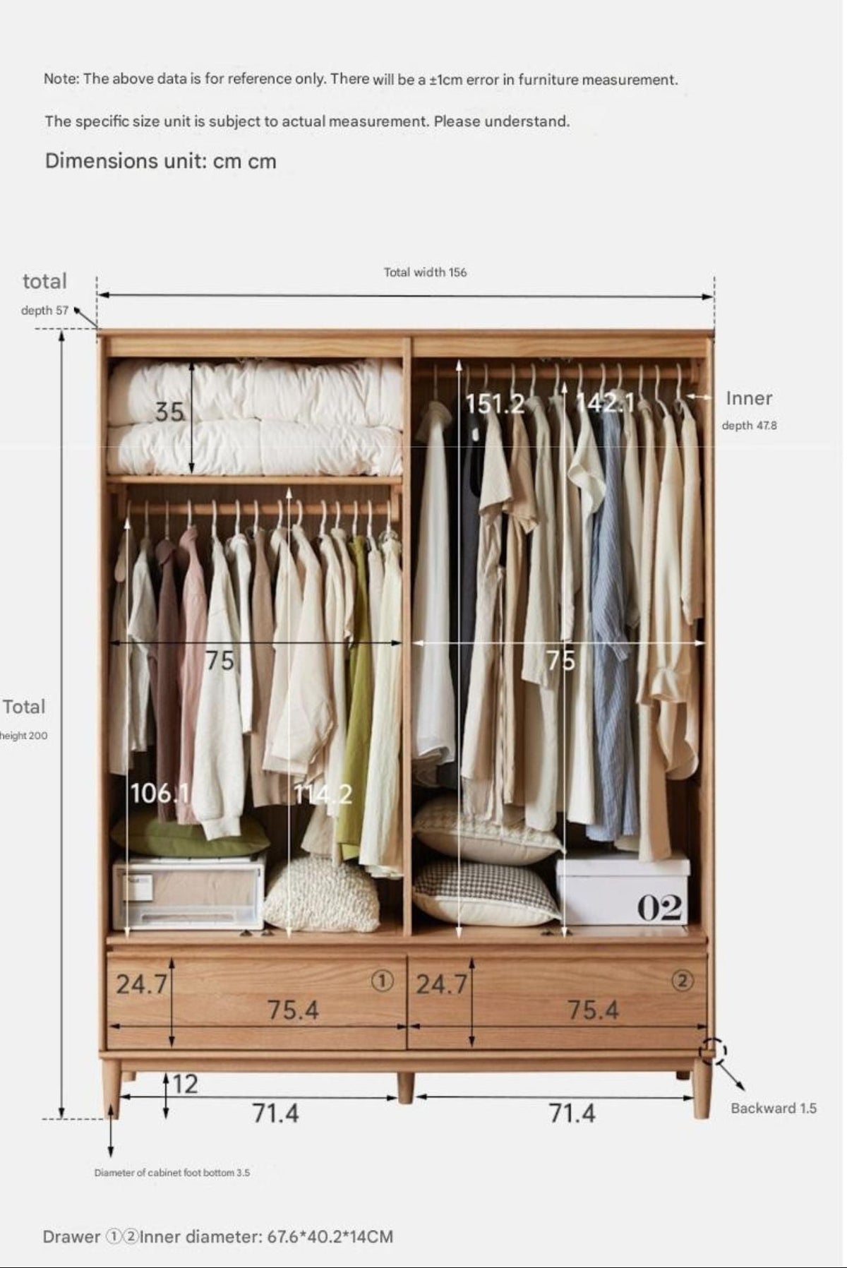 Oak Solid Wood Wardrobe Armoire with Hidden Groove Pulls and Raised Legs