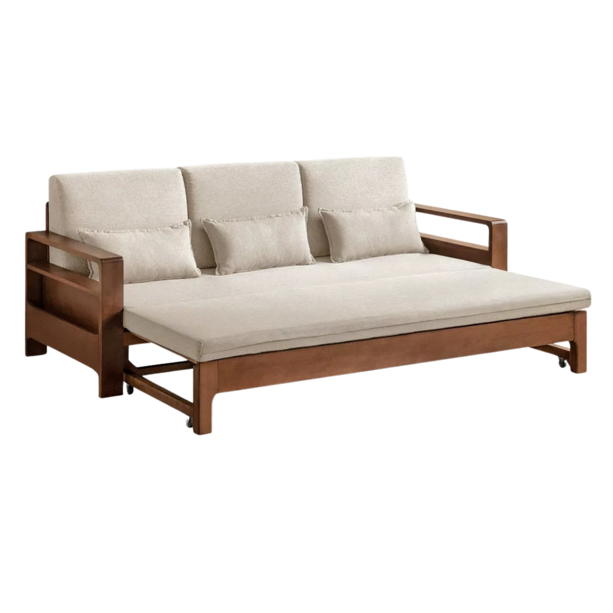 Oak, Beech Sofa Bed with Wood Frame and Side Storage Pocket