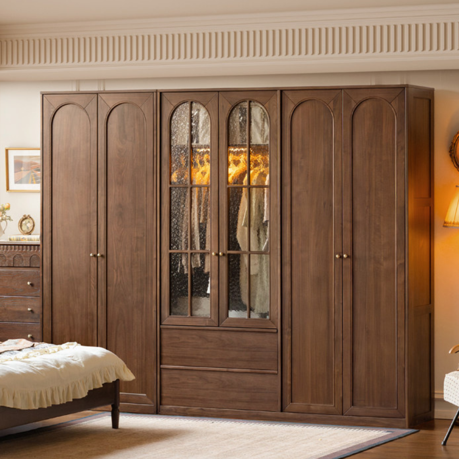 Black Walnut Solid Wood Wardrobe with French Retro Style and Double Doors